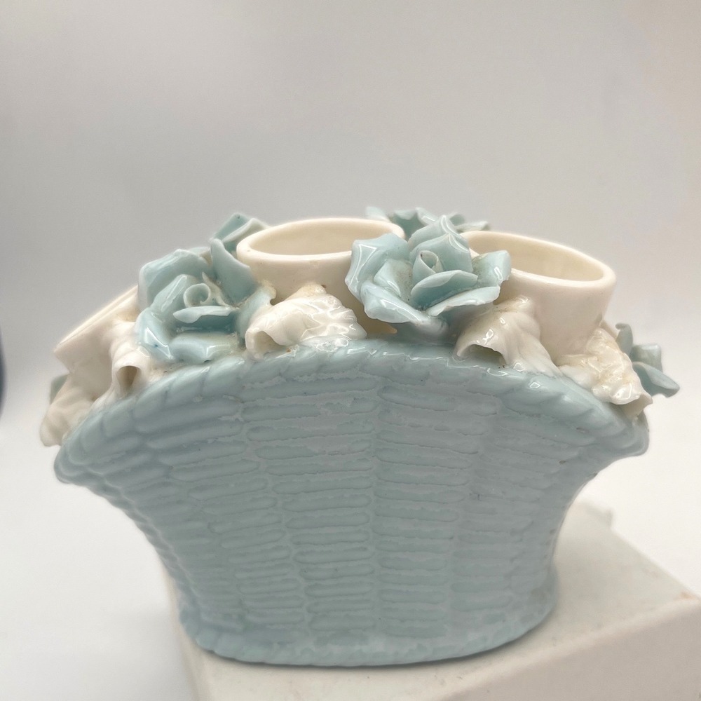 Vtg Rare I.W.Rice Japan Vanity Lipstick Holder Blue white porcelain Basket 50s